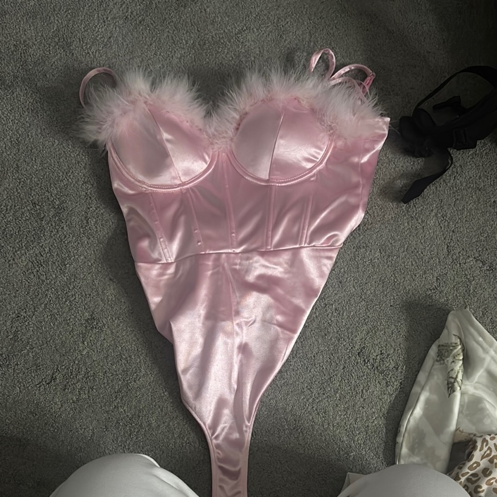Pink Satin Bodysuit with Feather Trim body suit
